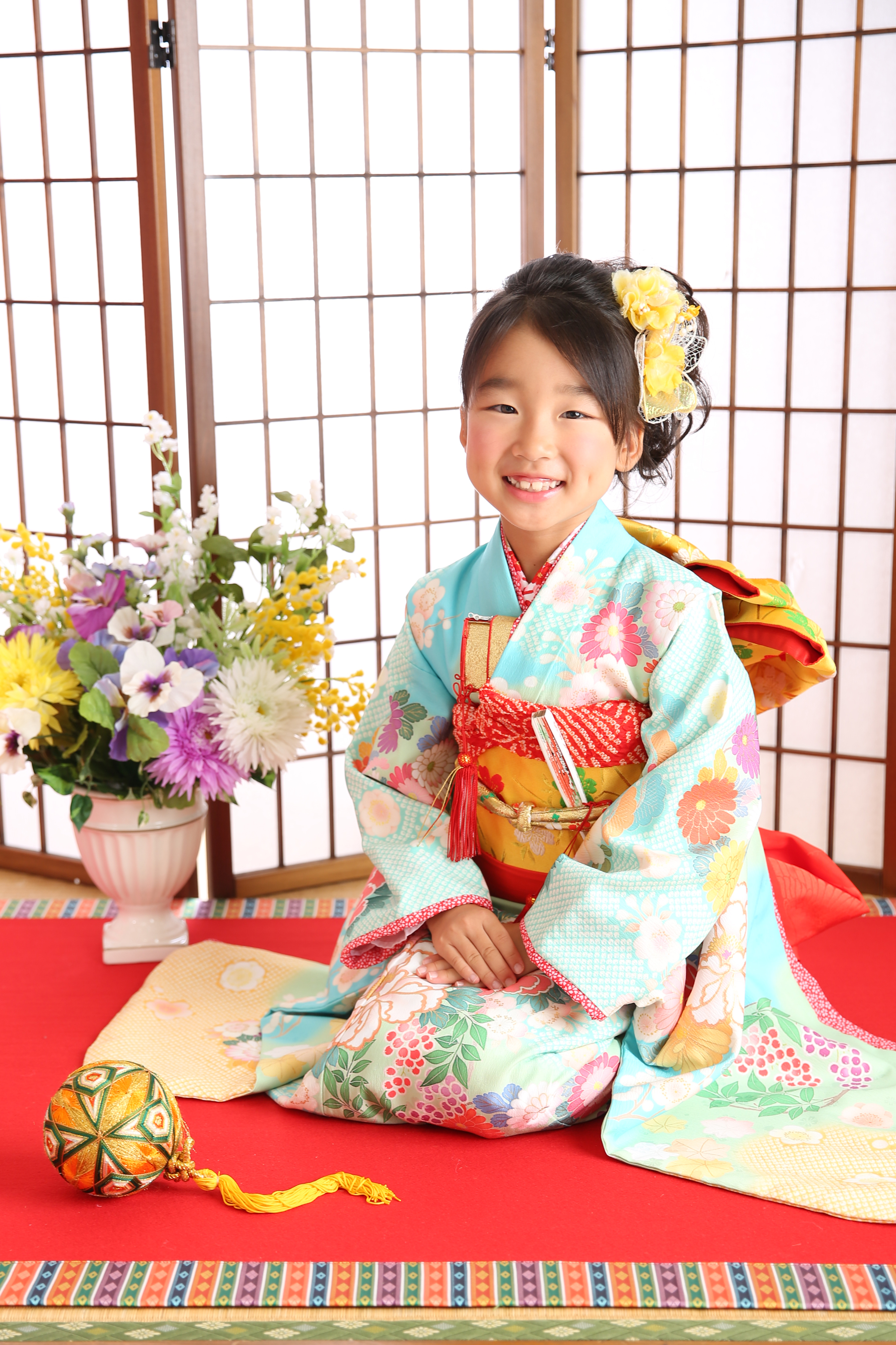 七五三・7歳着物・ミントブルー・水色×花柄 - いせや写真スタジオ